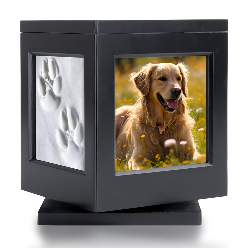 DiDiBirDi dog urn in black wood with magnetic lid for secure memorial.