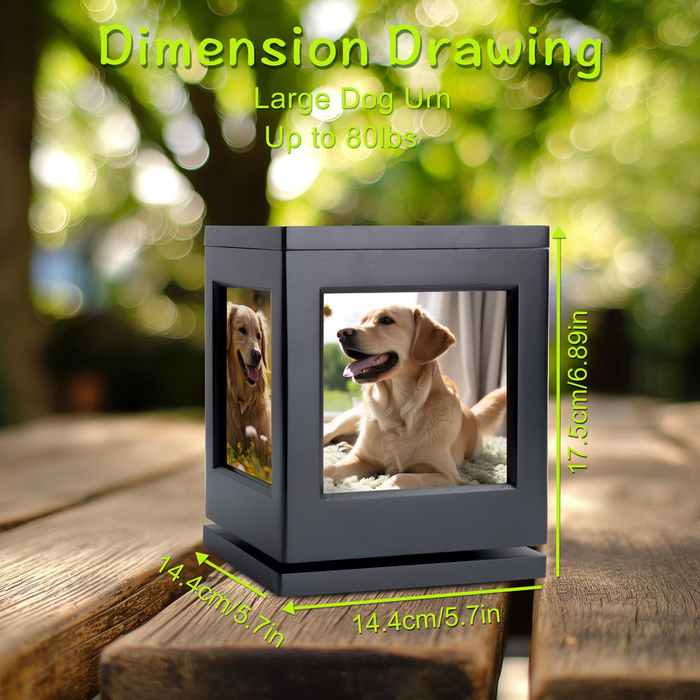 DiDiBirDi dog urn shows photo and clay slot for personalization.