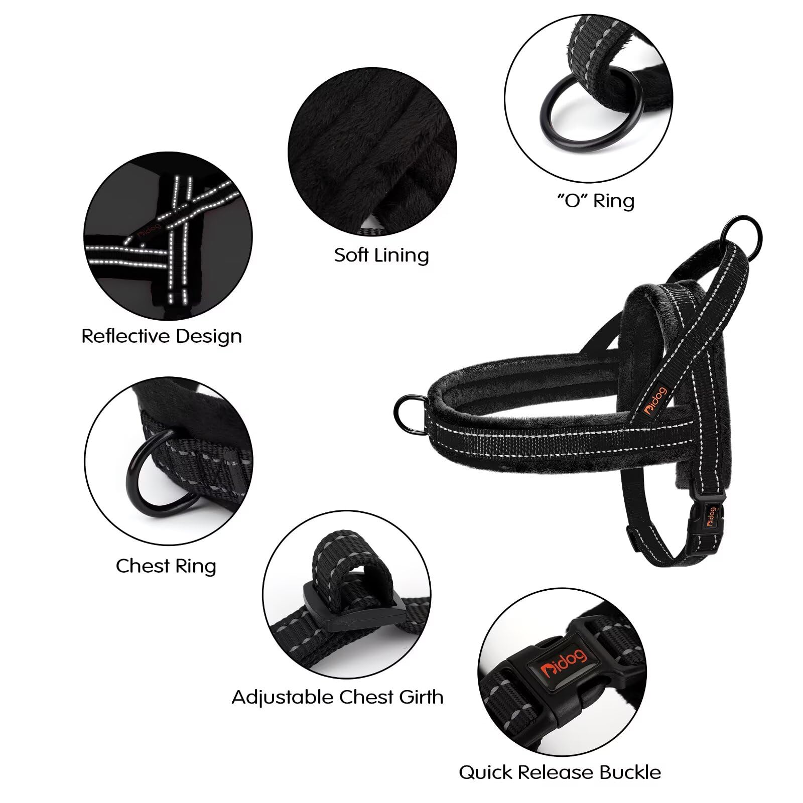 Didog harness side view highlighting reflective lines for safe night walks