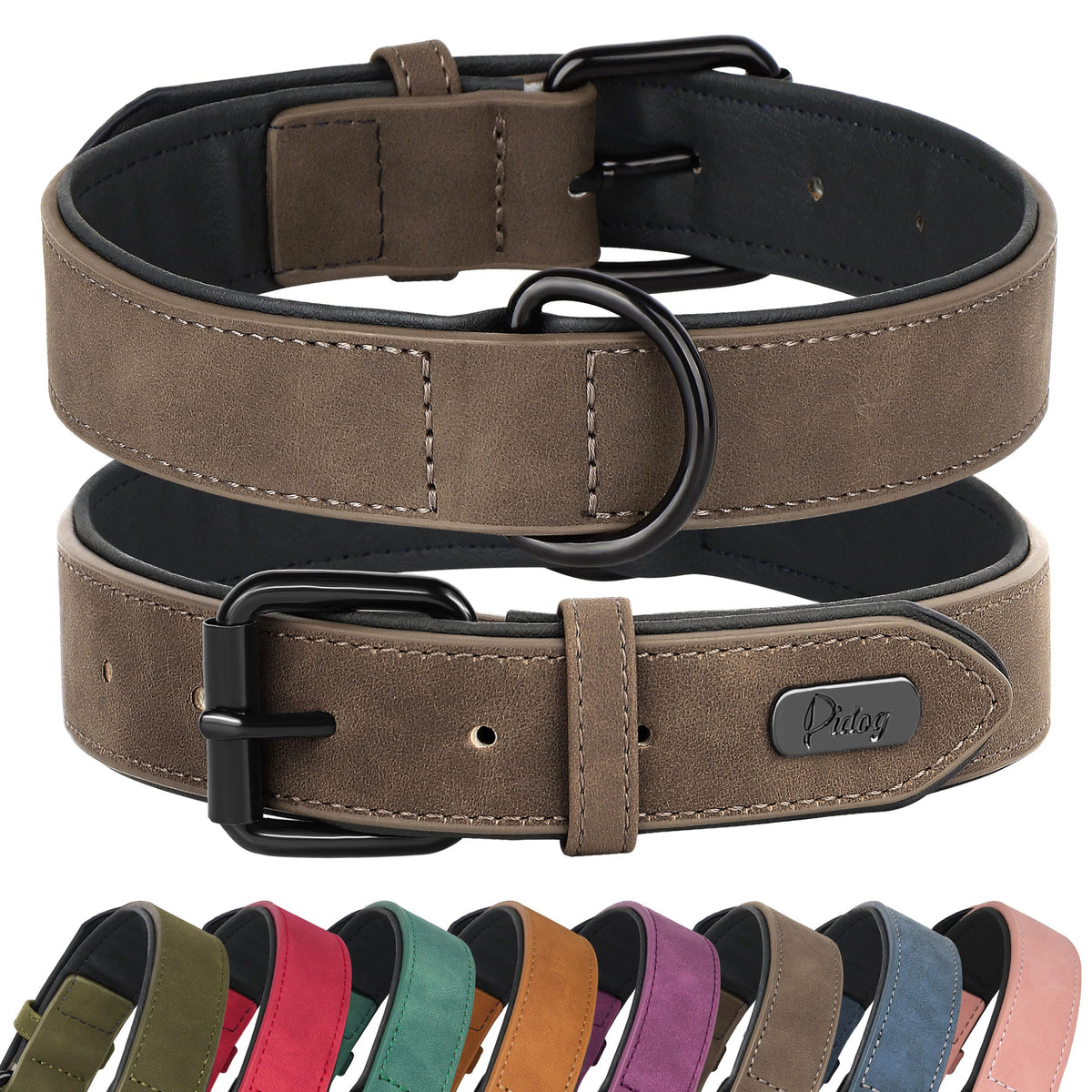Didog soft padded PU leather dog collar brown front view for daily walks