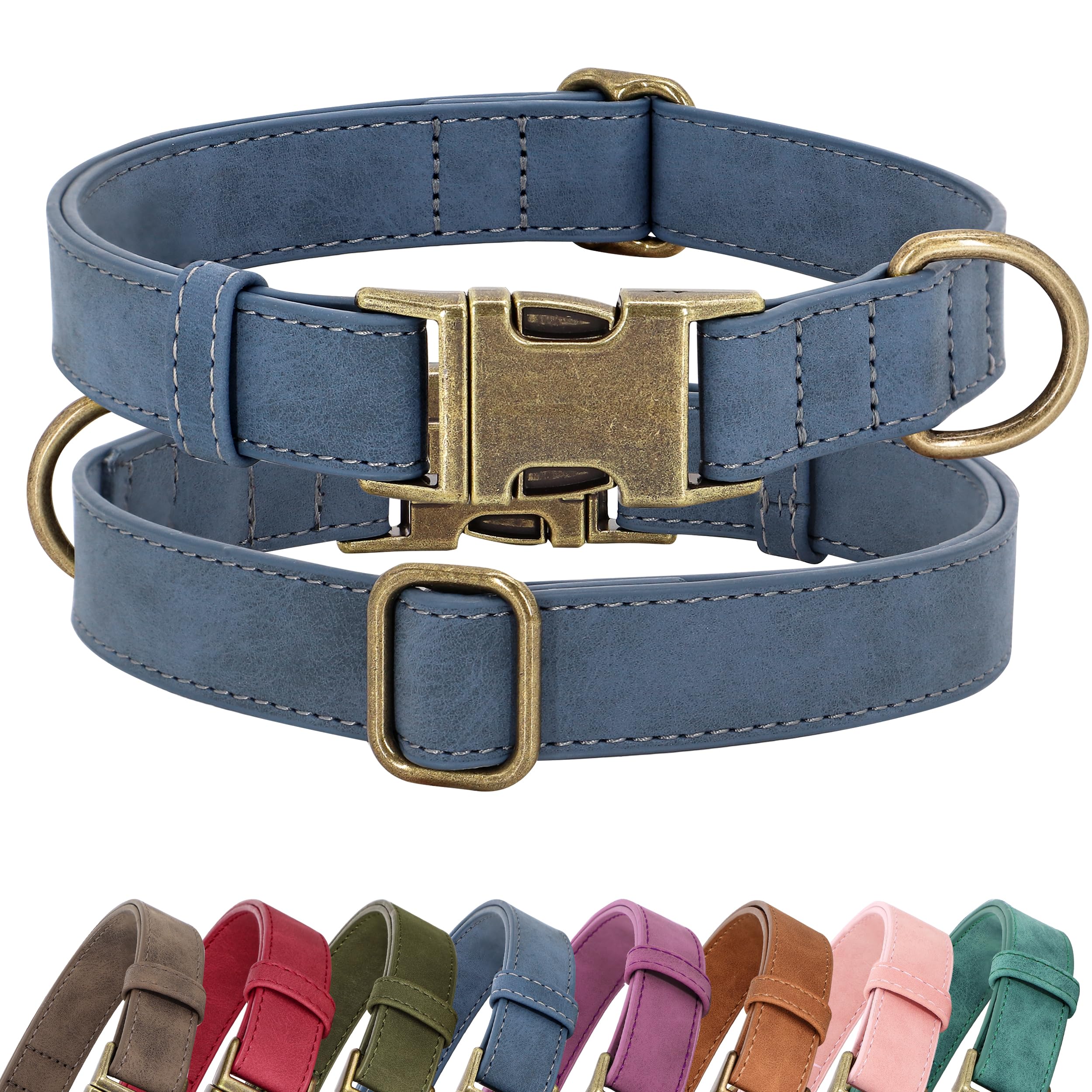 Didog soft PU leather collar blue front-view, stylish daily-wear for small dogs.