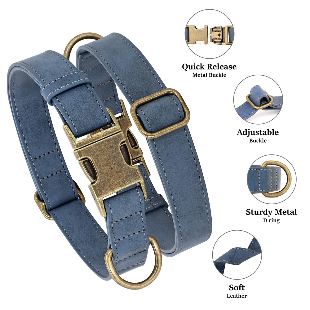 Didog Soft PU Leather Dog Collar blue adjustable fit for large dogs