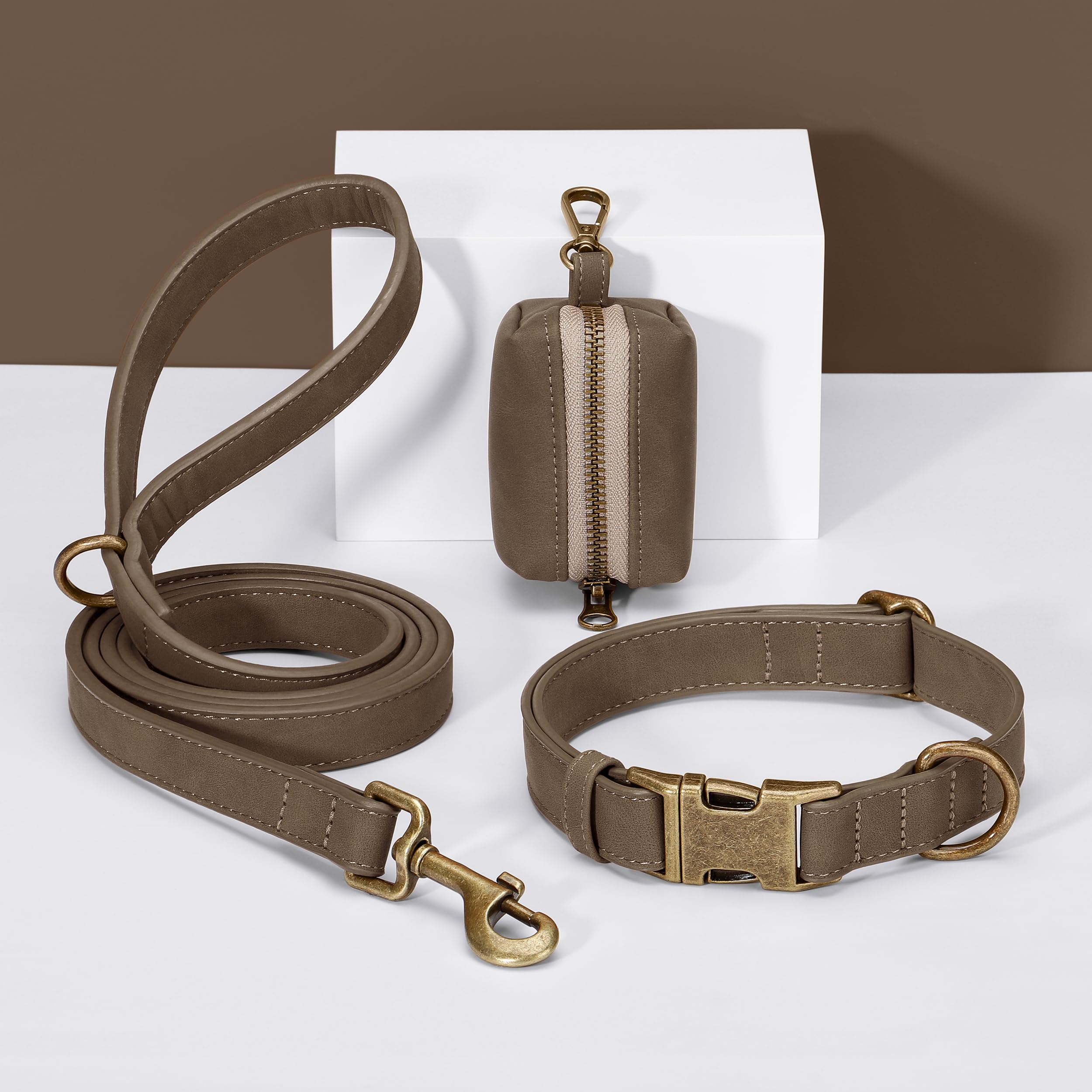 Didog easy-clean PU leather collar brown damp-wipe ready for active pets
