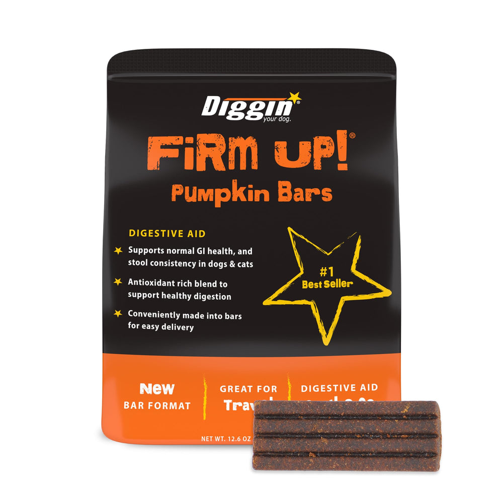 Diggin' Your Dog Firm Up Bars pantry scene with resealable pouch for waste-free feeding