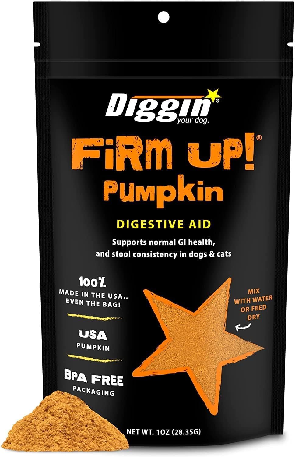 Diggin’ Your Dog Firm Up bottle front view demonstrates pumpkin-based supplement for digestion support.
