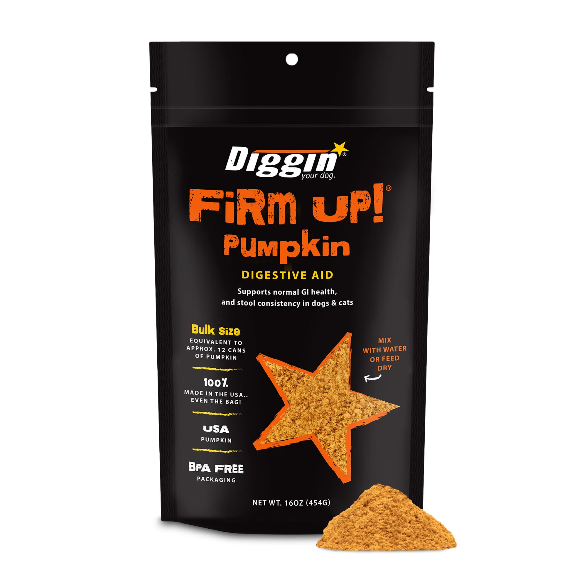Diggin' Your Dog Firm Up Pumpkin bag front – USA-made fiber supplement for digestive support.