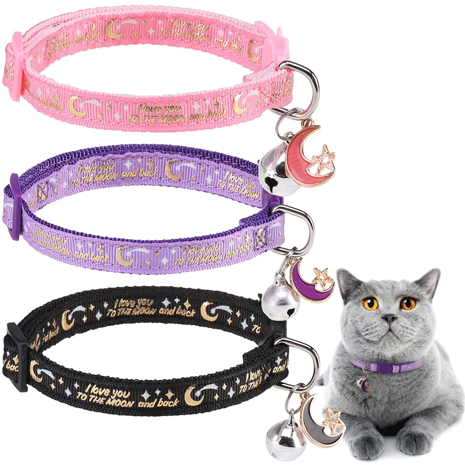 DILLYBUD breakaway 3-pack moon-star collar keeps cats safe during playful daily activities.