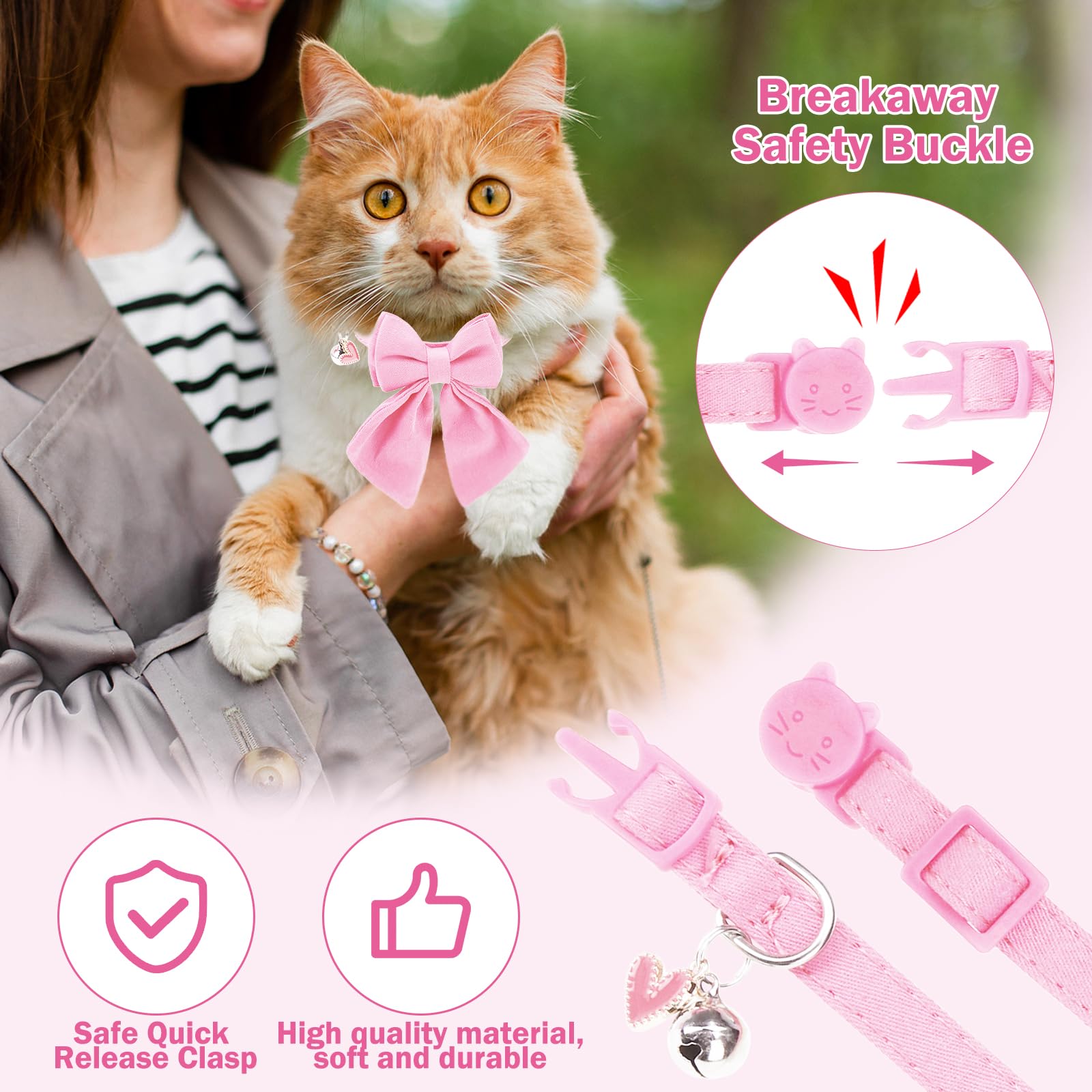 DILLYBUD pink bowtie collar with bells and heart pendant for easy spotting.