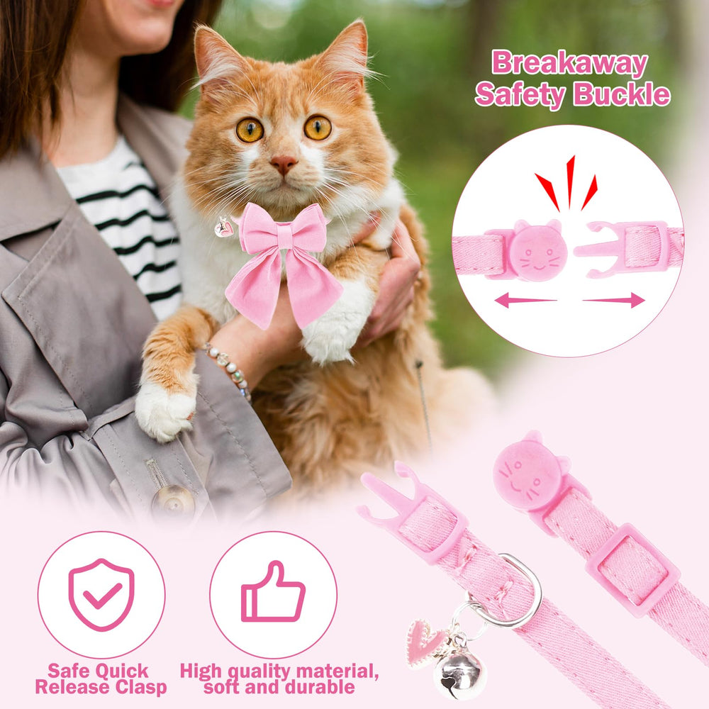 DILLYBUD pink bowtie collar with bells and heart pendant for easy spotting.
