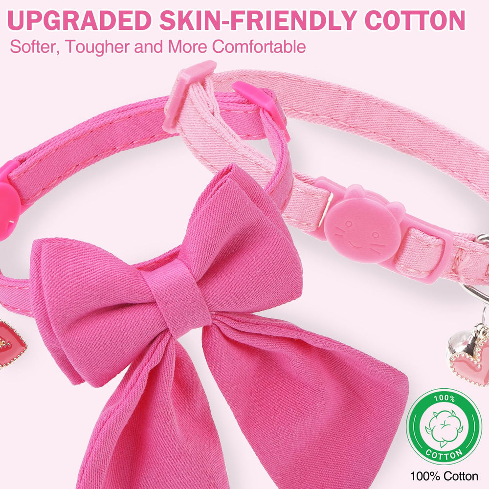 DILLYBUD pink bowtie cat collar on cat demonstrates adjustable 8-12 inch fit.