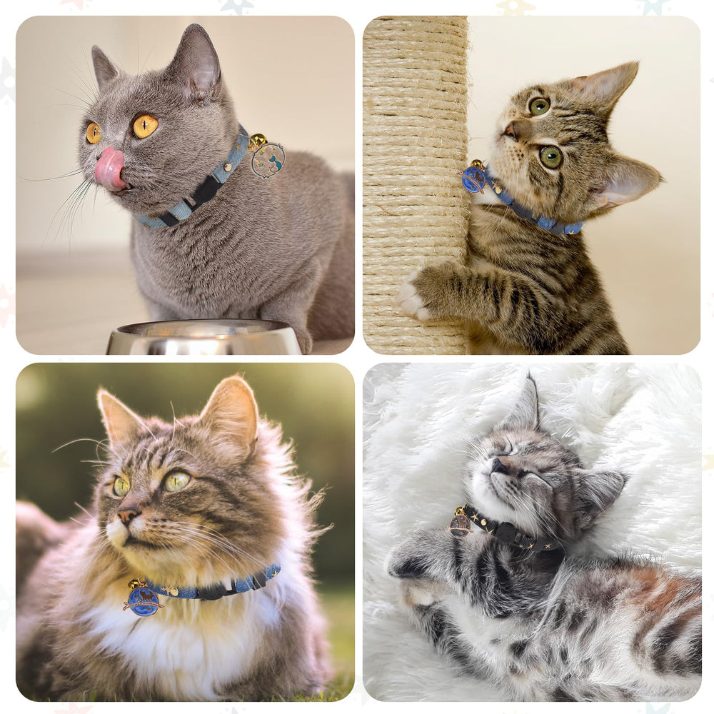 DILLYBUD denim moon stars cat collar showcases playful design for photos.