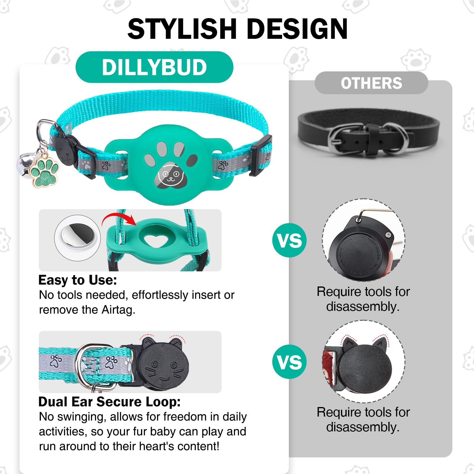 DILLYBUD easy-install cat collar stays clean and ready for adventures.