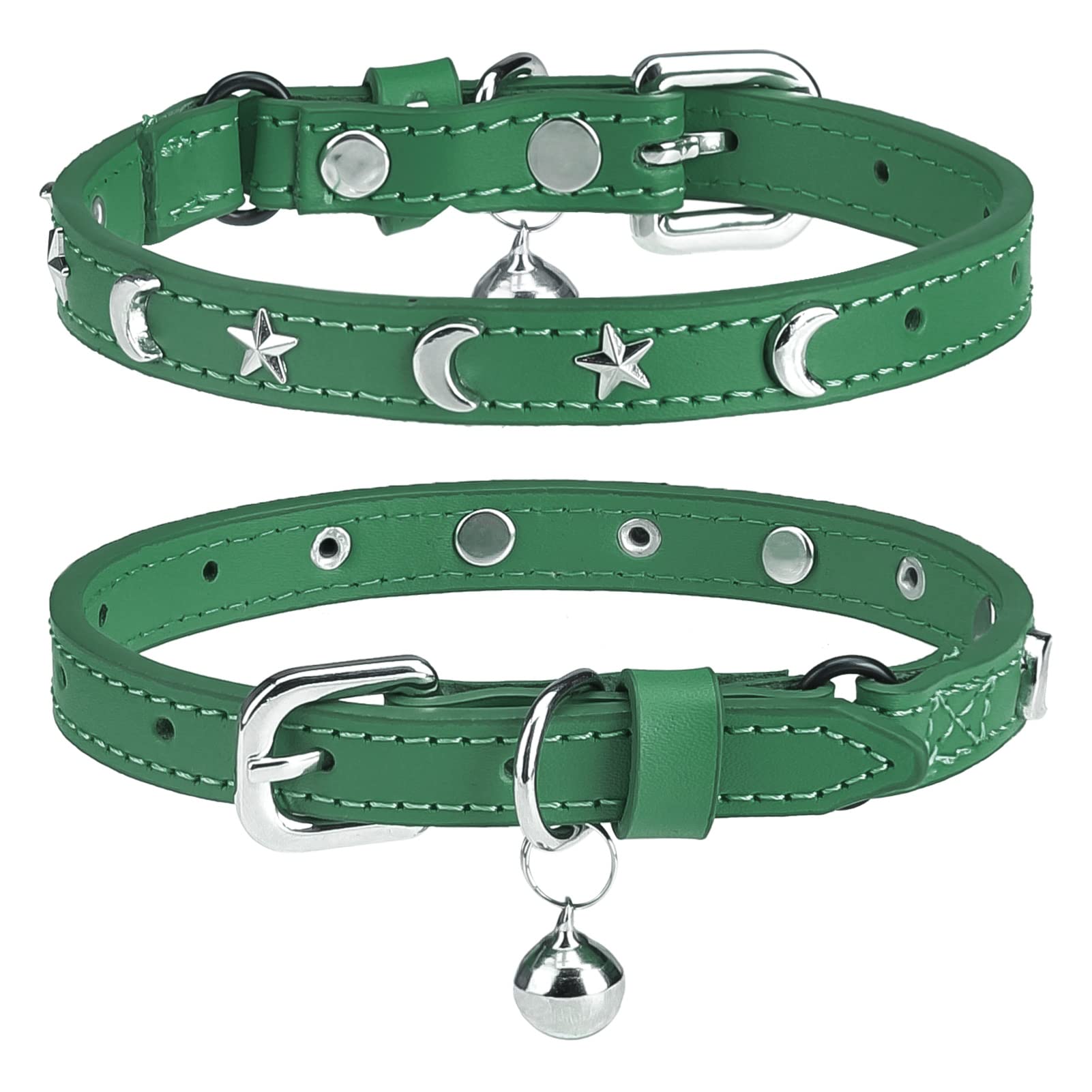 DILLYBUD leather cat collar in green with bell helps locate your cat quickly