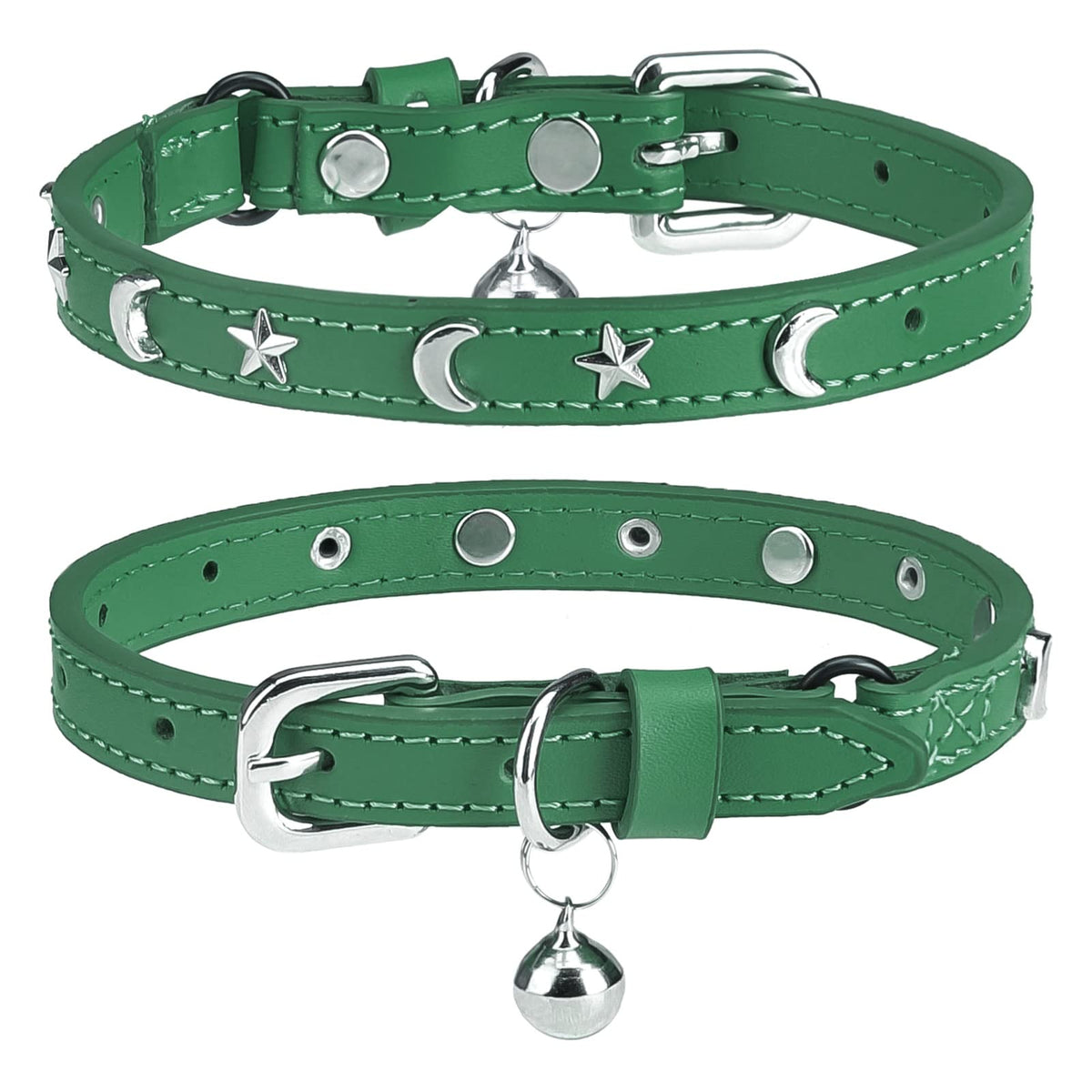 DILLYBUD leather cat collar in green with bell helps locate your cat quickly