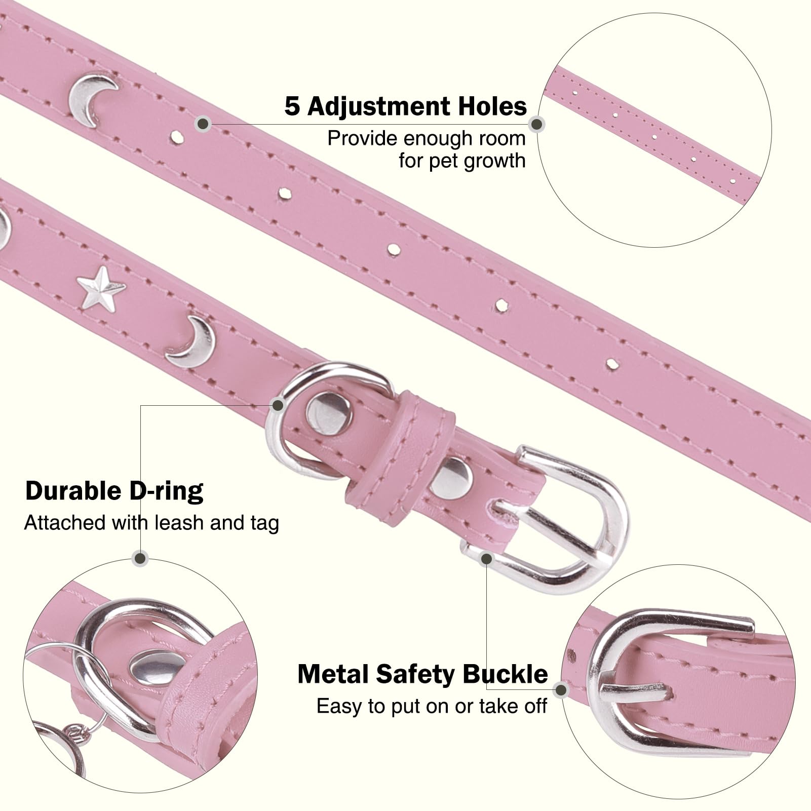 DILLYBUD leather dog collar pink adjustable-buckle demonstrates quick-on, quick-off daily wear.