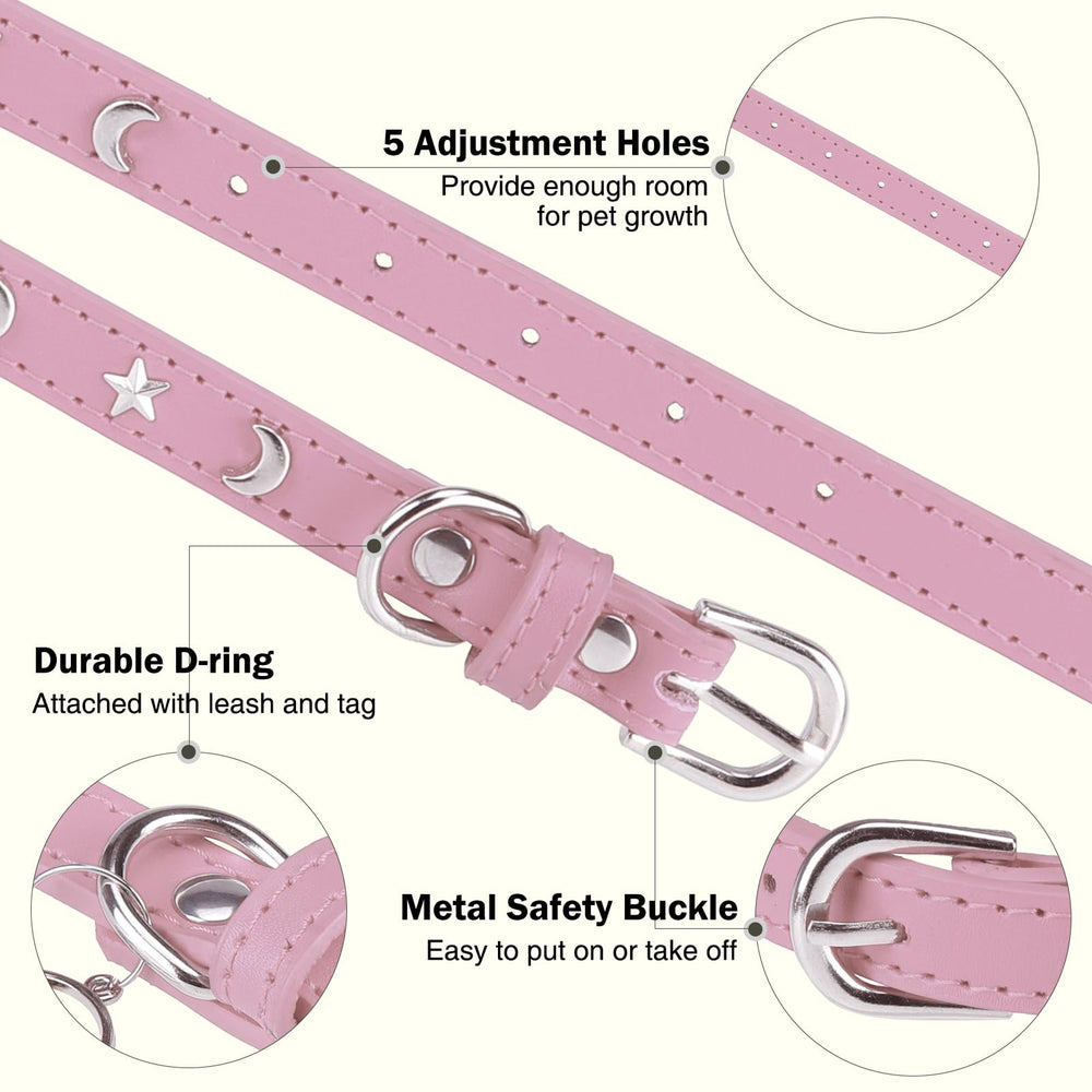 DILLYBUD leather dog collar pink adjustable-buckle demonstrates quick-on, quick-off daily wear.