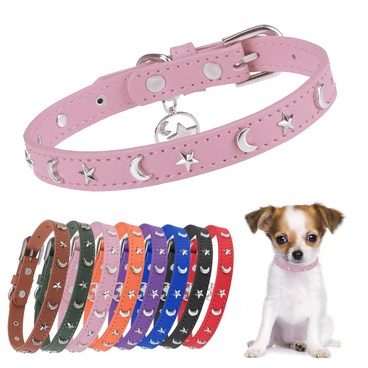 DILLYBUD leather dog collar pink front view highlights star moon rivets for everyday wear.