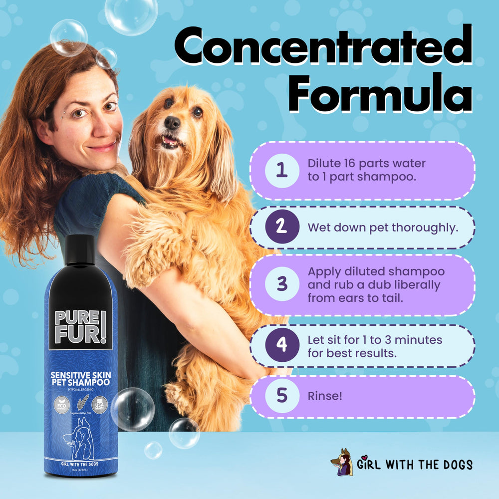 Dilution-ready Pure Fur shampoo demonstrates cost-efficient 4-gallon preparation.