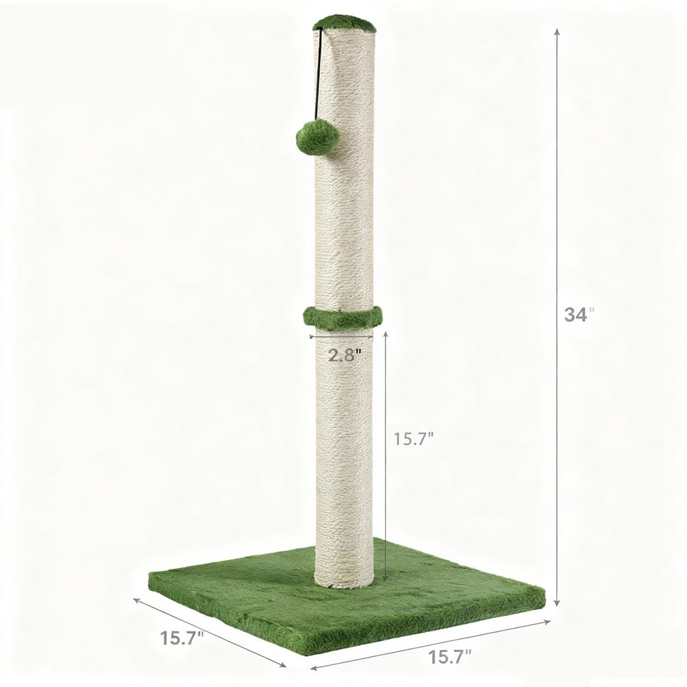 Dimaka tall cat scratching post with plush green cover offers cozy feel.