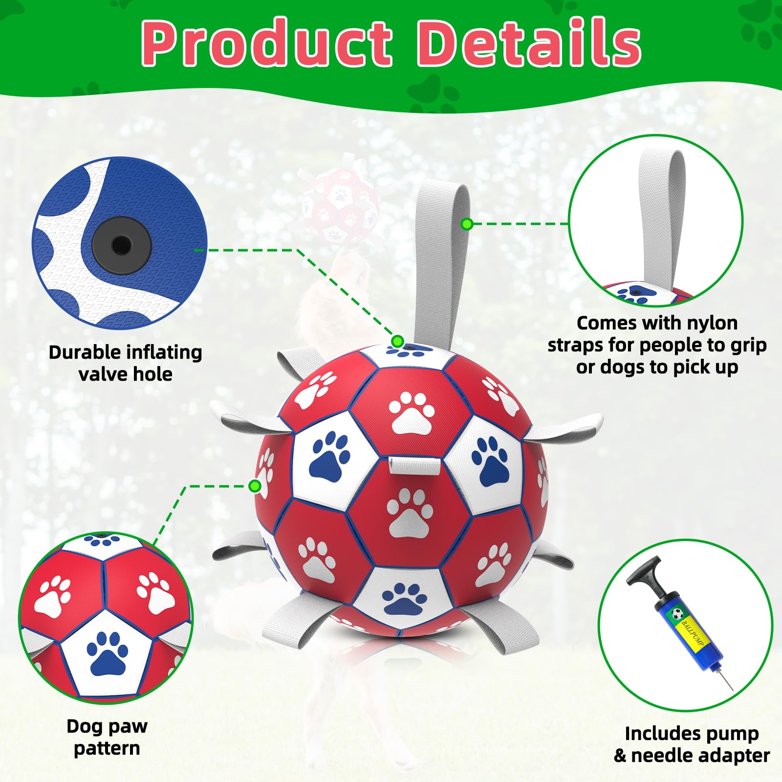 Diman premium dog soccer ball includes manual air pump for inflation.