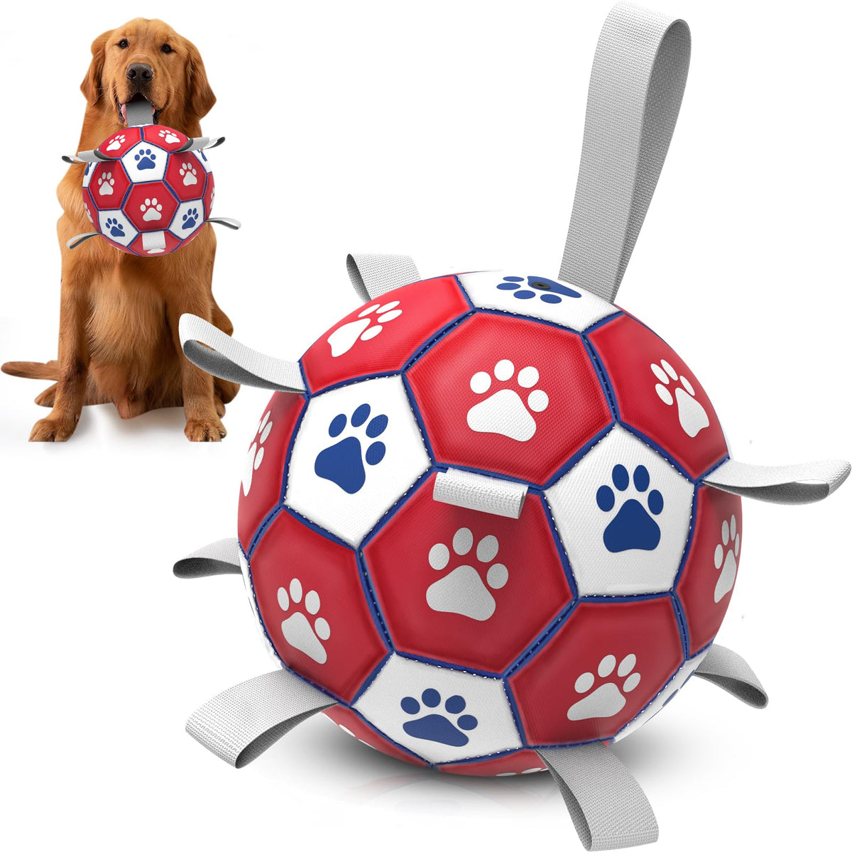 Diman premium dog soccer ball with straps, front view for easy fetch grip.