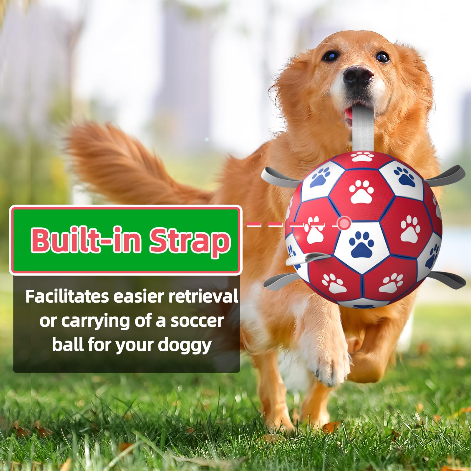 Diman premium dog soccer ball with straps, side view showing grab-friendly design.