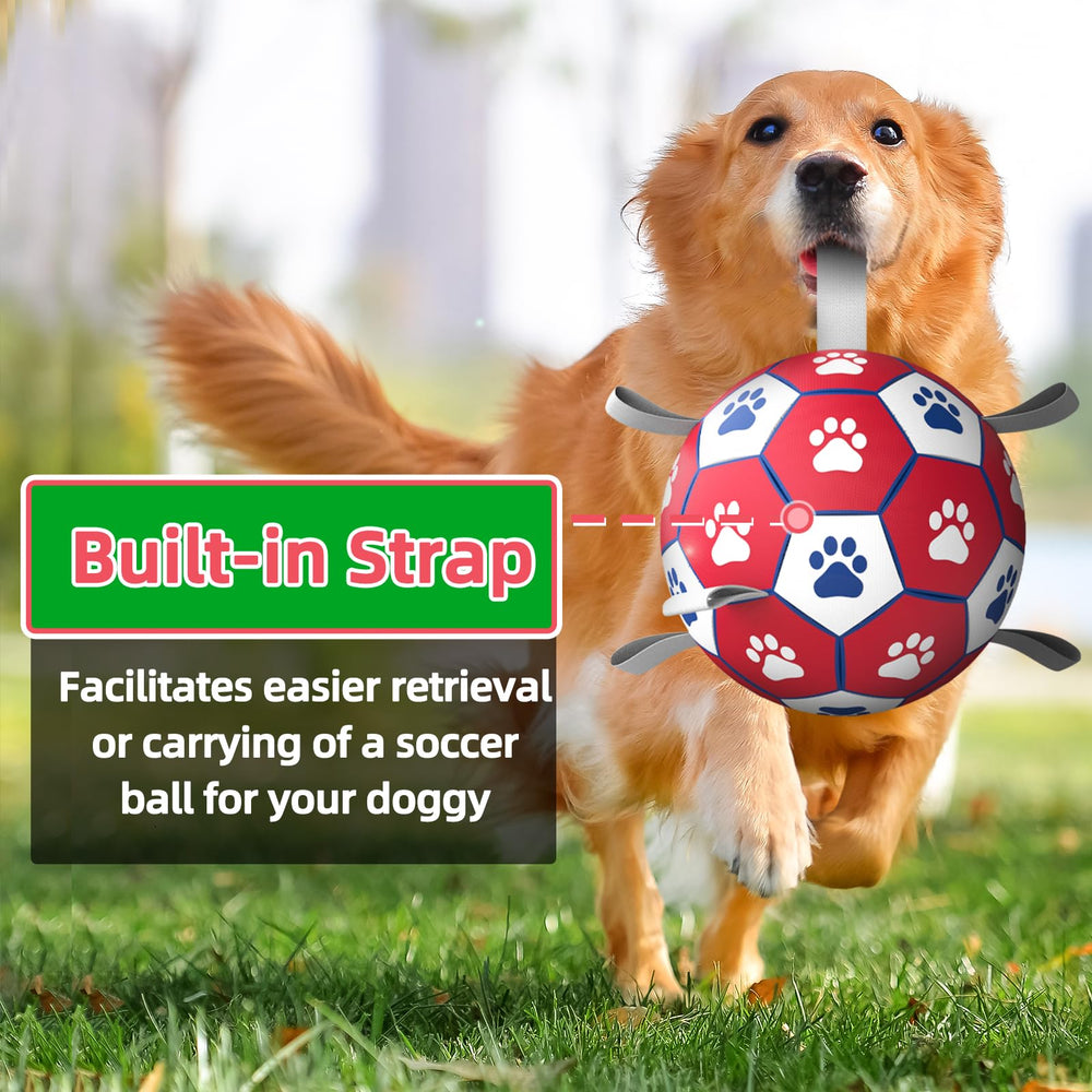 Diman premium dog soccer ball with straps, side view showing grab-friendly design.