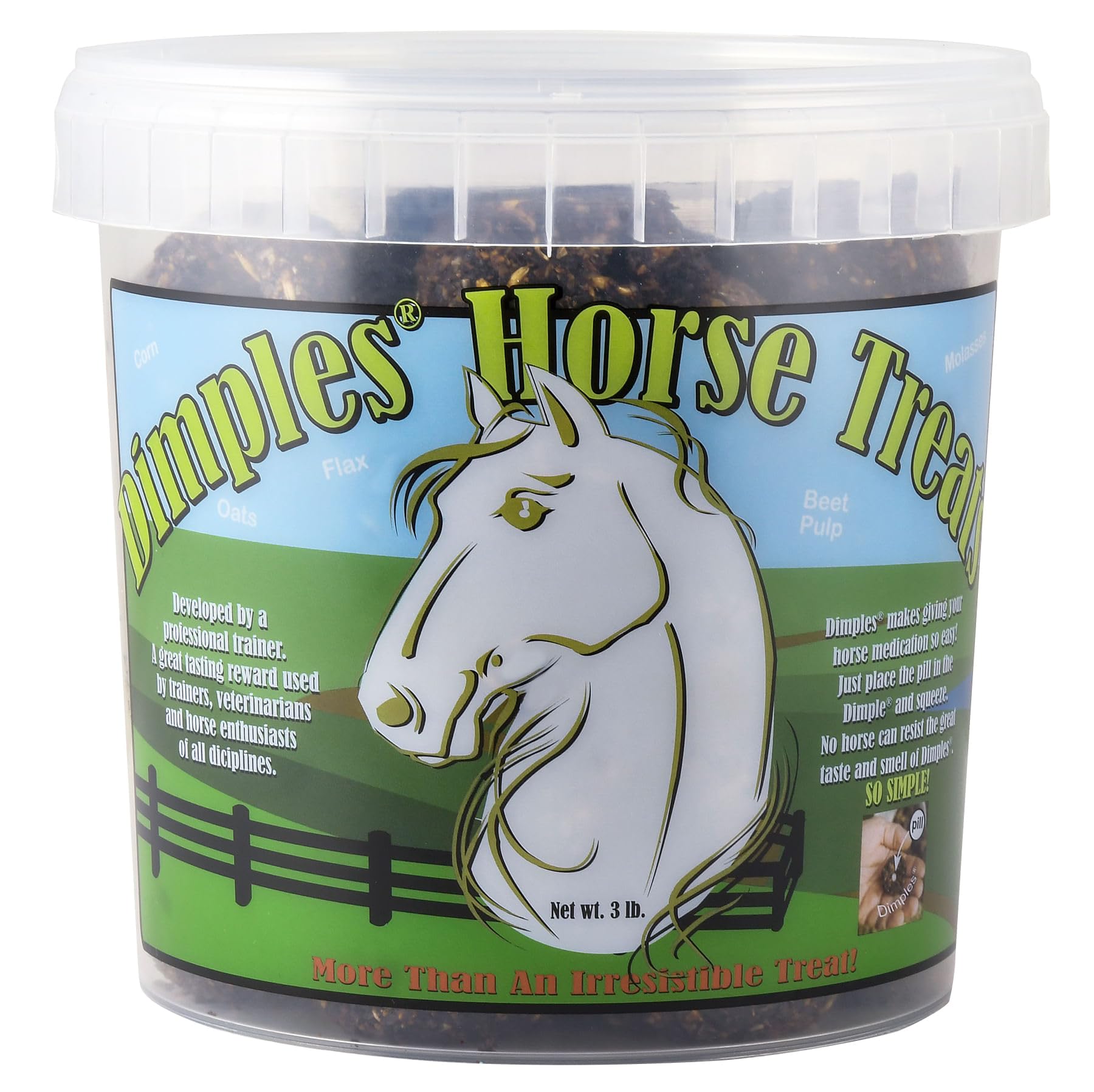 Dimples Horse Treats pill-dimple tub shows a medicine-friendly treat for easy dosing during training.