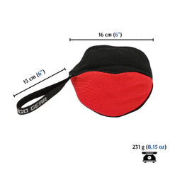 Dingo Gear dog tug ball cube grip shows a secure bite grip from multiple sides.