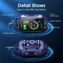 DINJOO bark collar LED display highlights battery life and mode for quick recharge.