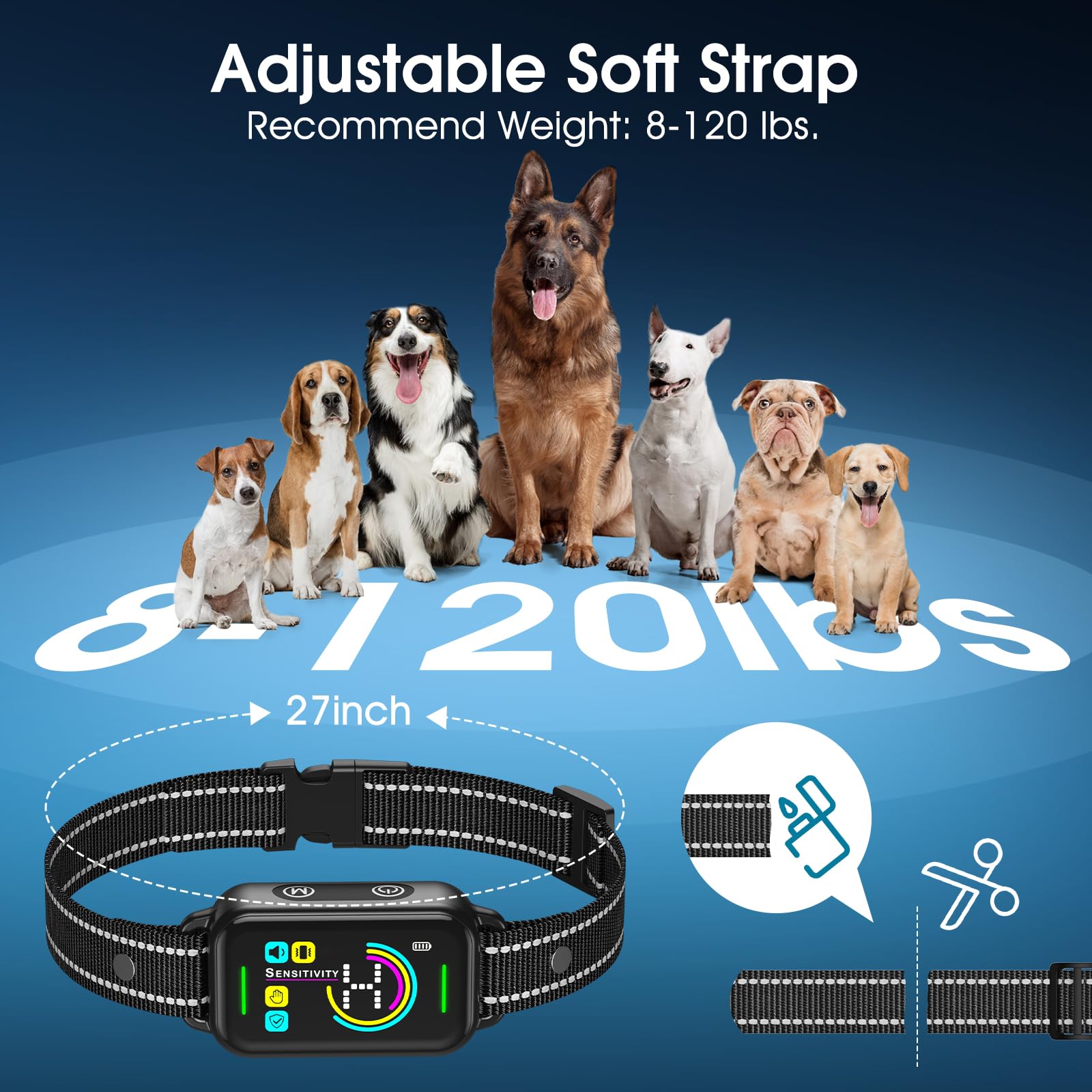 Dinjoo bark collar adjustable strap fits small to large dogs securely.