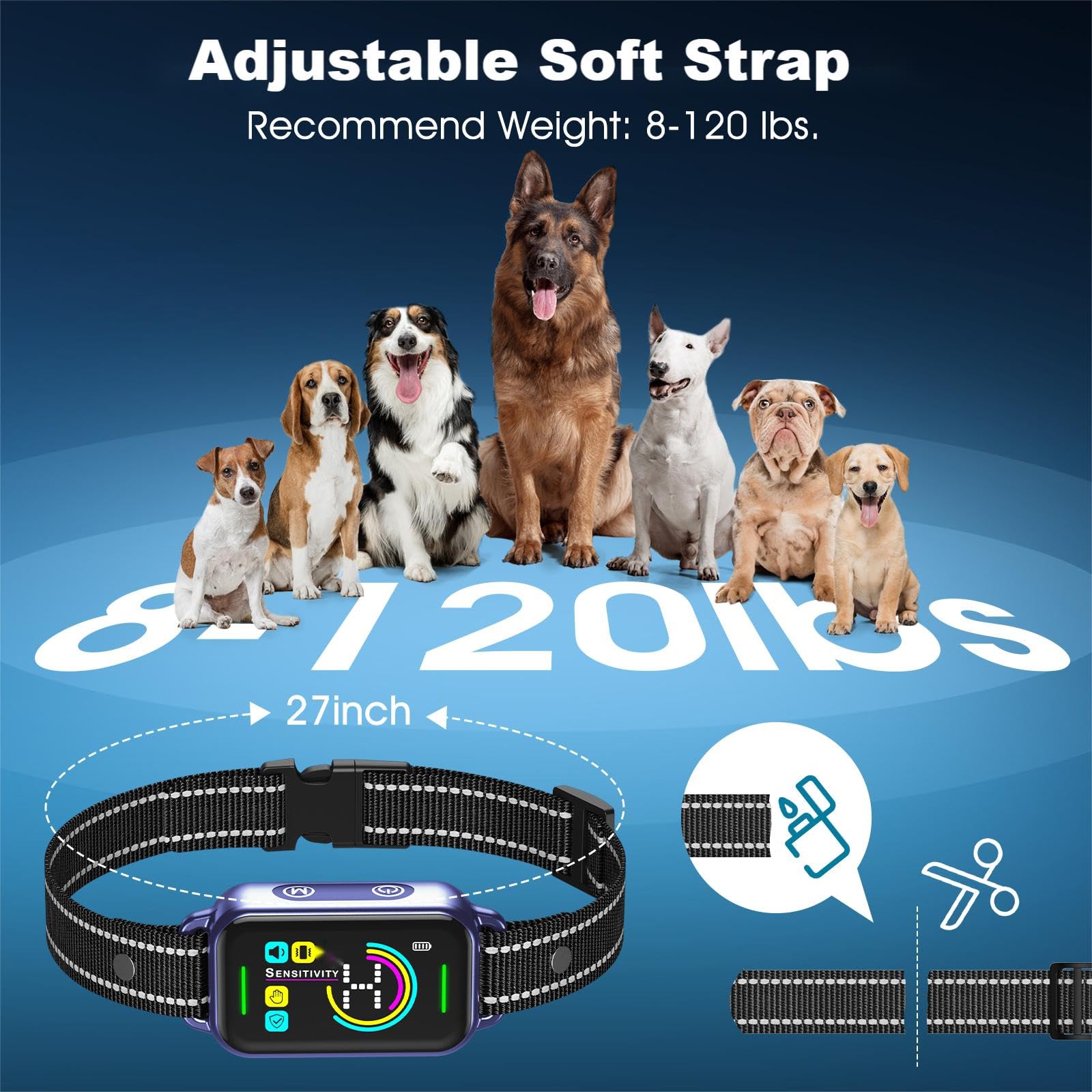 DINJOO dog bark collar size adjustment for necks 6-27 inches.