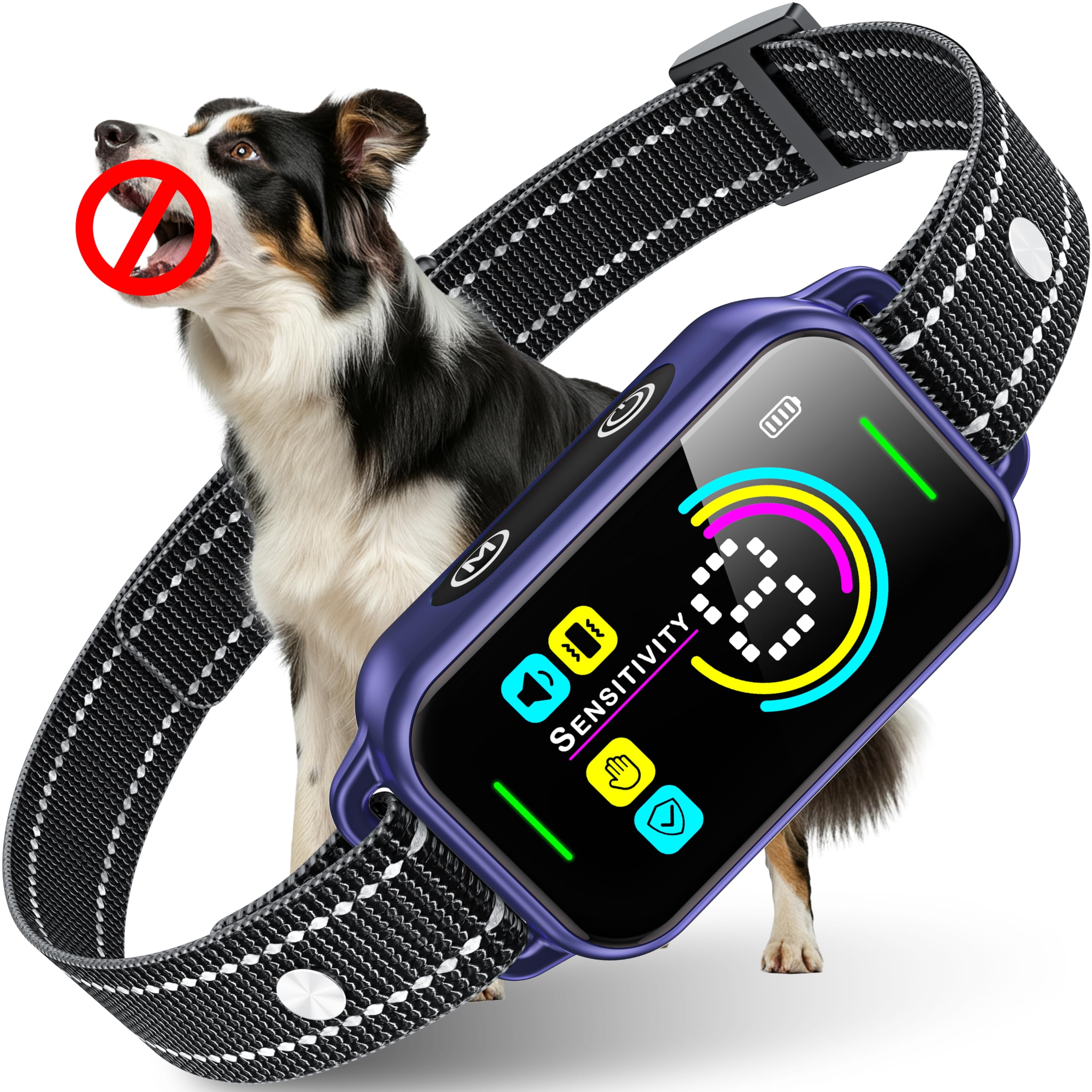 DINJOO dog bark collar front view with adjustable fit for all sizes.