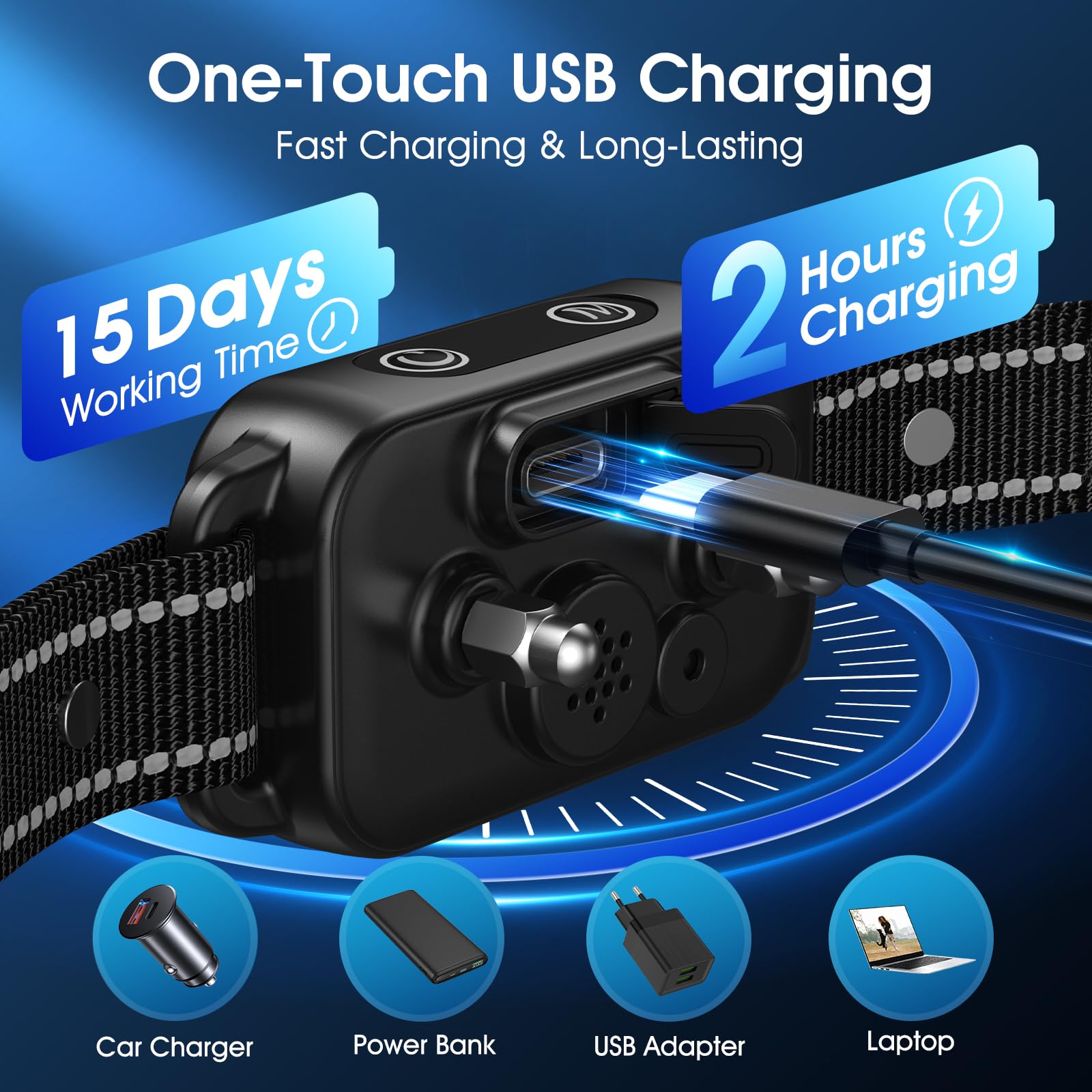 Dinjoo bark collar USB-C fast charge with long-life battery indicators.