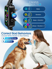 DINJOO Smart Bark Collar front view with LED display showing mode and battery status