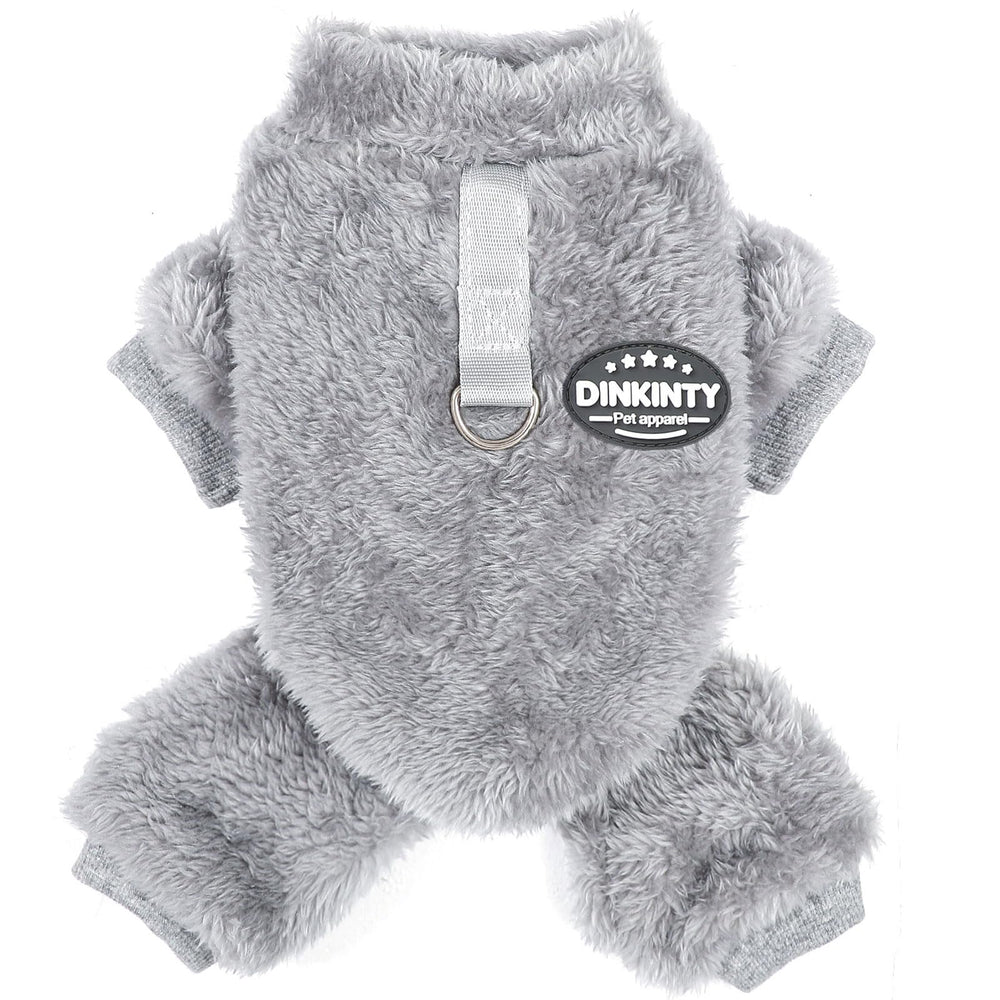 Dinkinty fleece dog pajamas grey back view showing snug fit for small dogs.