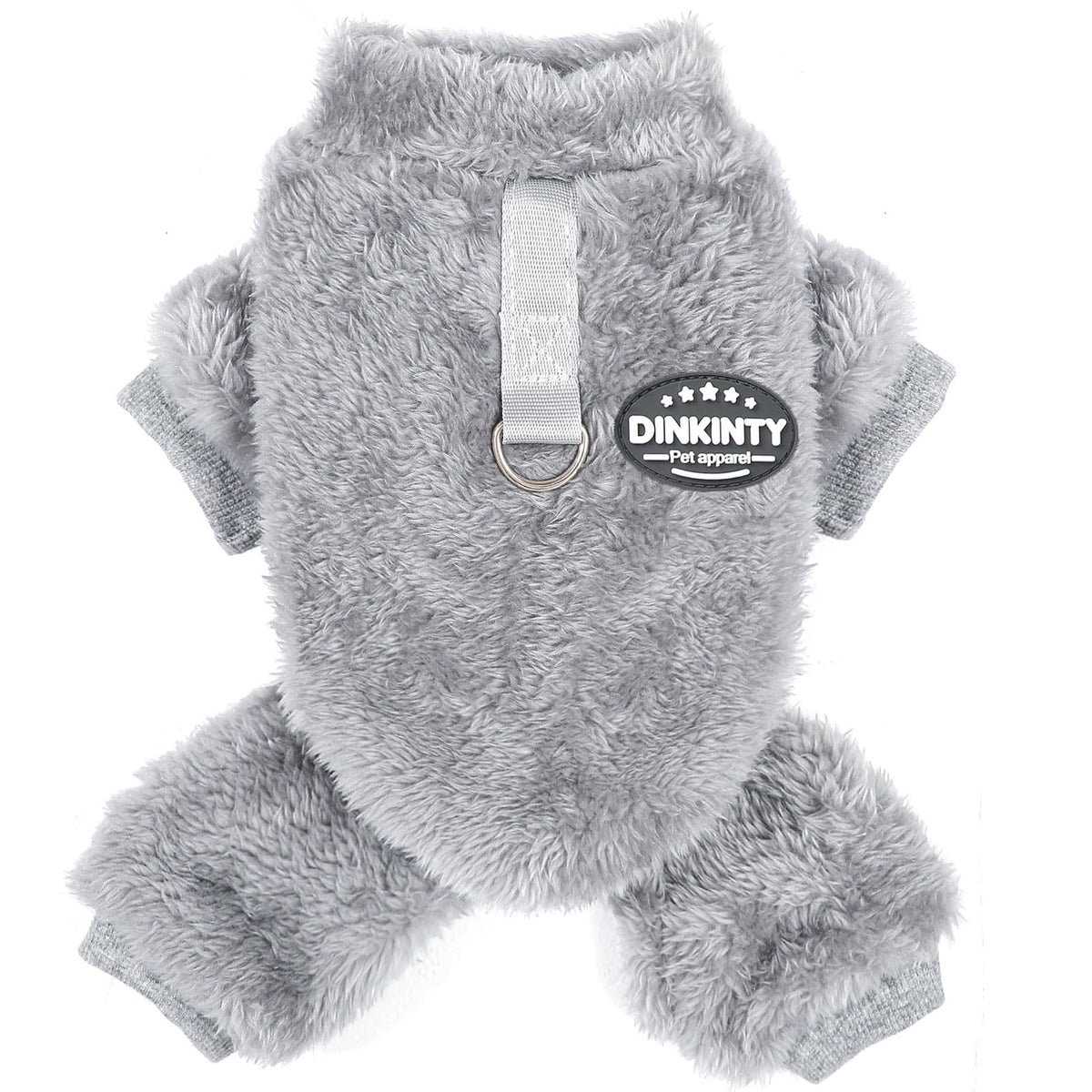 Dinkinty fleece dog pajamas grey back view showing snug fit for small dogs.