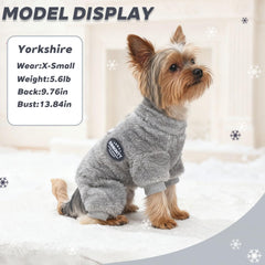 Dinkinty fleece dog pajamas grey full-body jumpsuit on a small dog for full coverage.