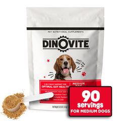 Dinovite 3 in 1 probiotic bottle close-up showing digestive support for medium dogs.