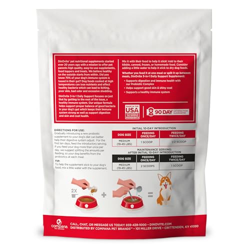 Dinovite 3 in 1 probiotic medium dog photo highlights skin and coat shine.
