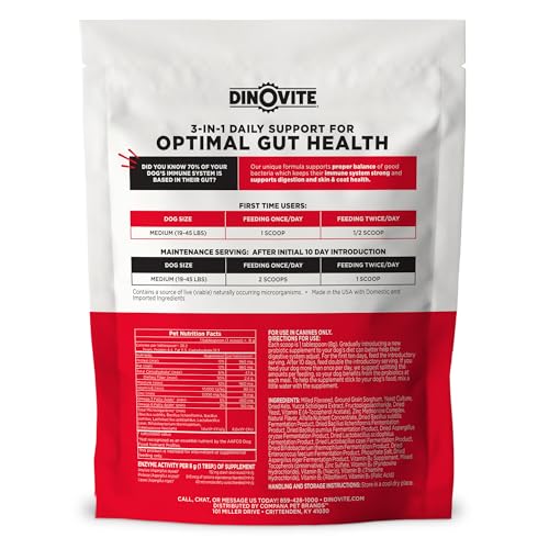 Dinovite 3in1 probiotic for medium dogs enhances skin and coat condition and shine.