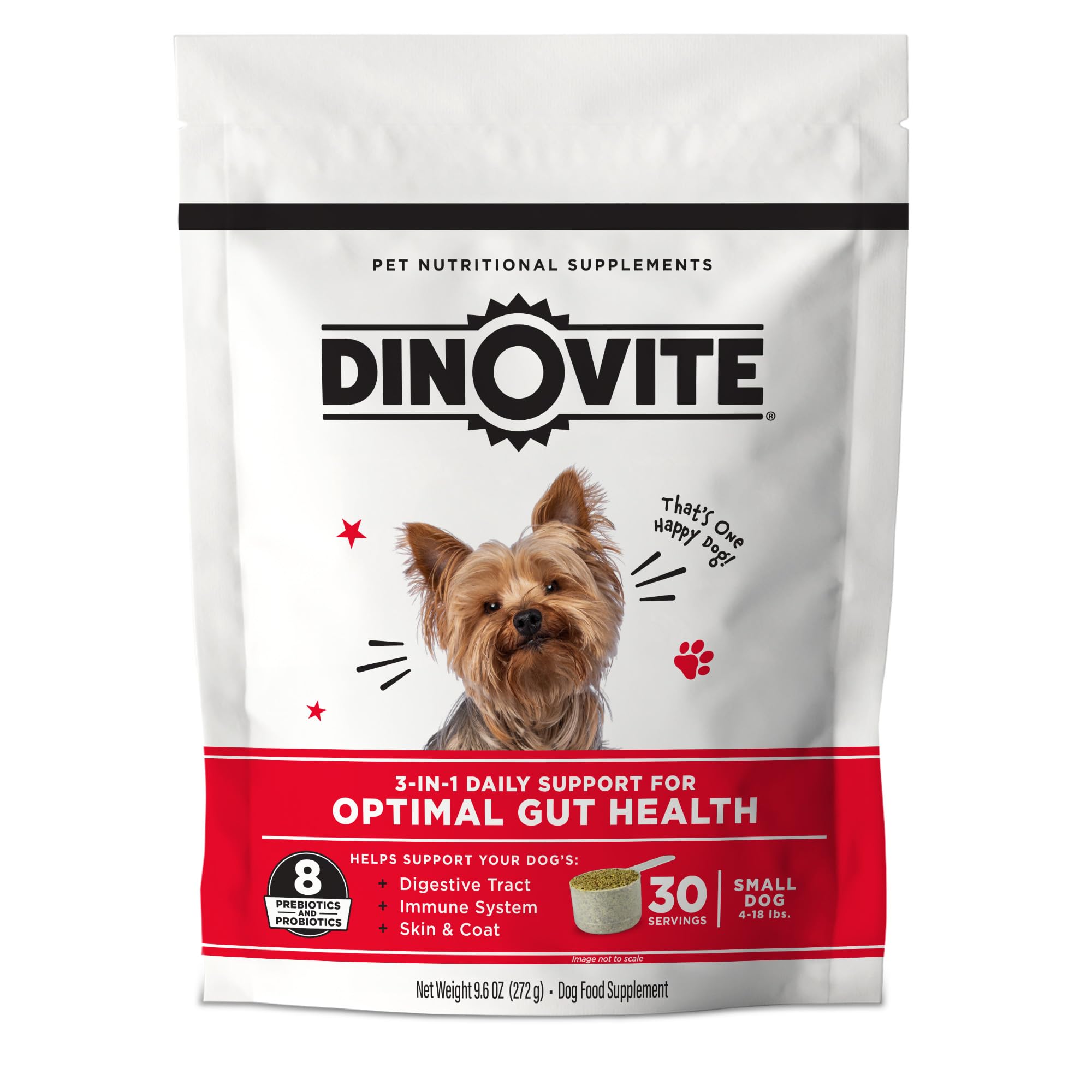 Dinovite 3in1 probiotic small dogs bottle showing 30 servings for digestive support