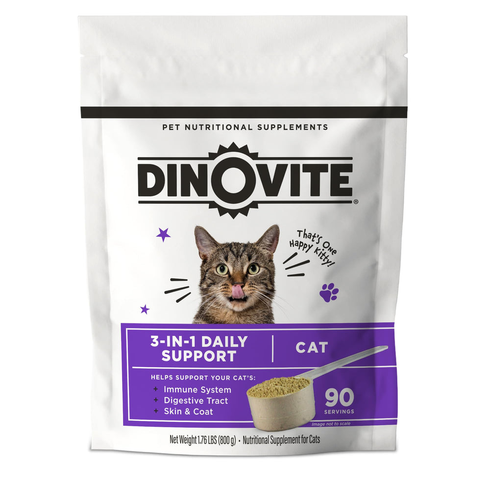 Dinovite cats supplement bottle front showing trusted immune and digestive support for felines.