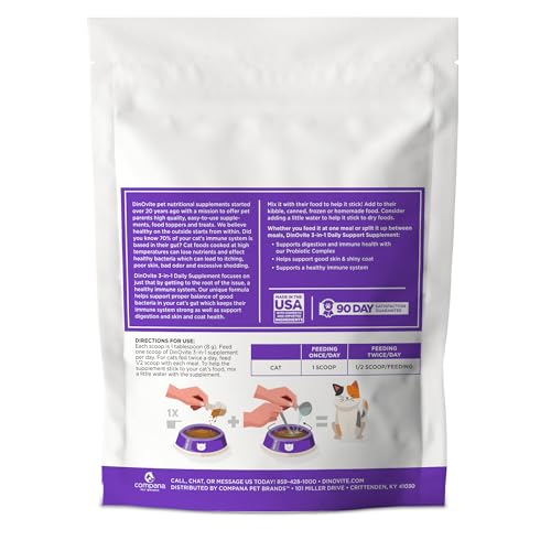 Dinovite cats supplement bottle label highlighting vitamins, minerals, and omega-3 ingredients.