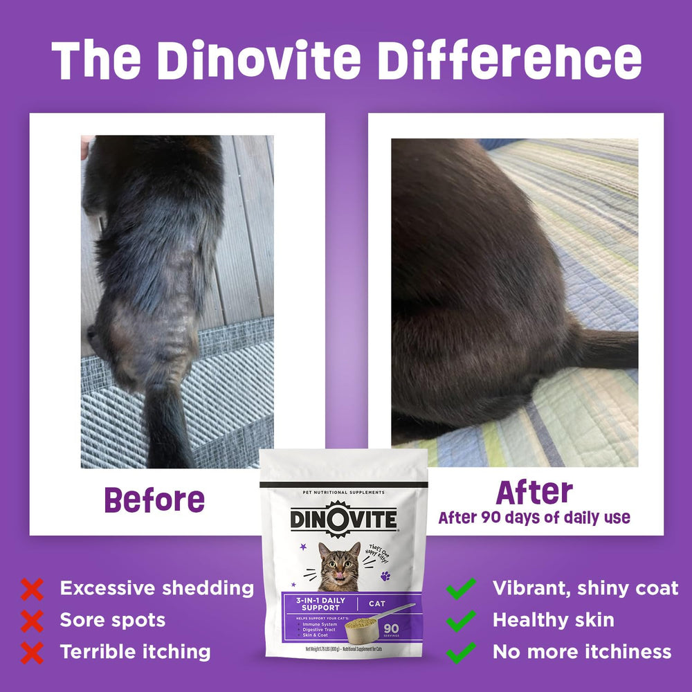 Dinovite cats supplement digestive probiotic showing gut health support.