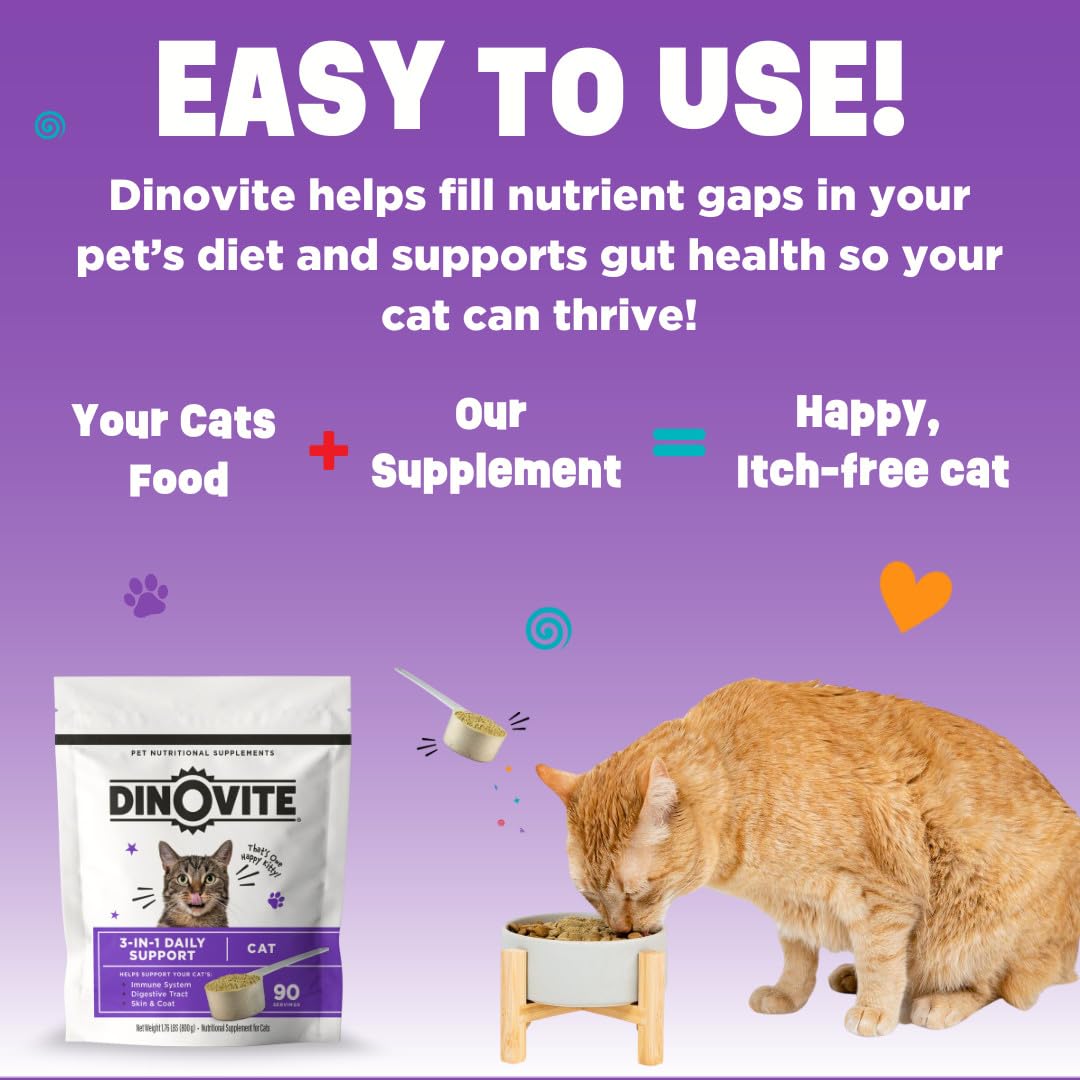 Dinovite cats supplement ingredients chart highlighting enzymes and probiotics.