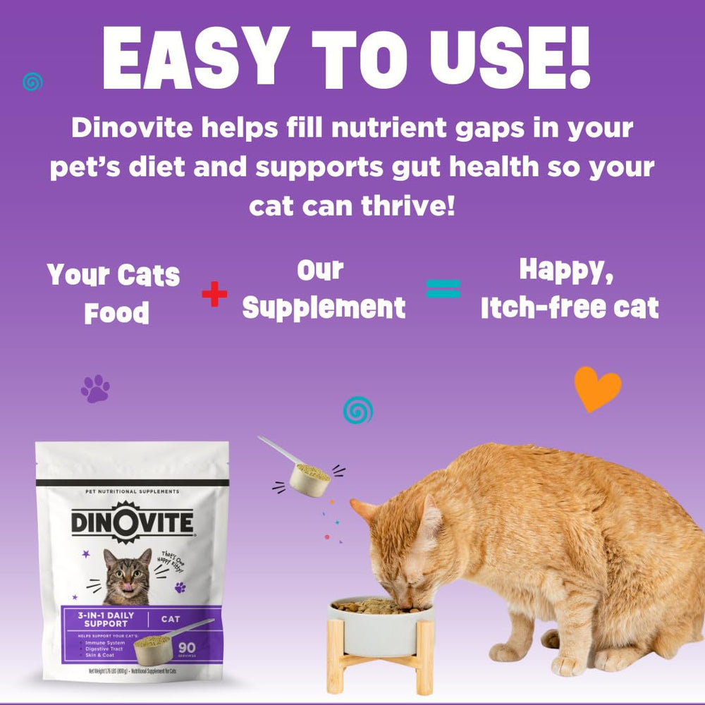 Dinovite cats supplement ingredients chart highlighting enzymes and probiotics.