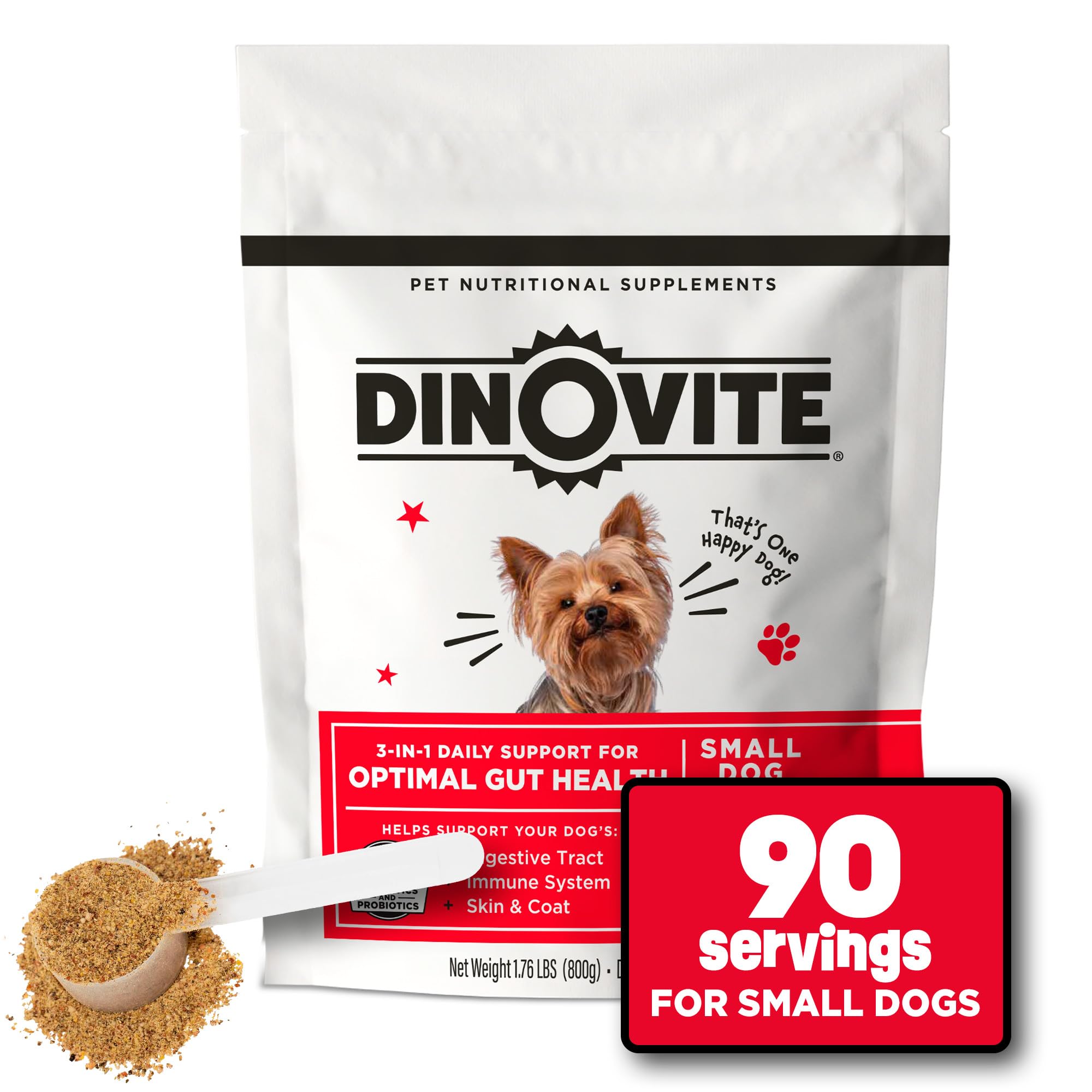 Dinovite dog probiotics package promotes daily digestive wellness for small dogs.