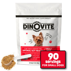 Dinovite dog probiotics package promotes daily digestive wellness for small dogs.