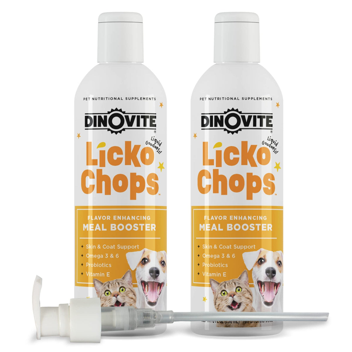 Dinovite Lickochops bottle with pump for easy dosing and skin coat support